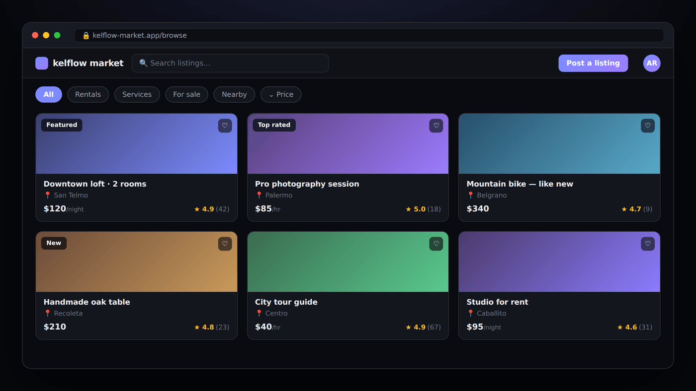Illustrative preview of the Marketplace Starter: listing feed with search, filters and cards