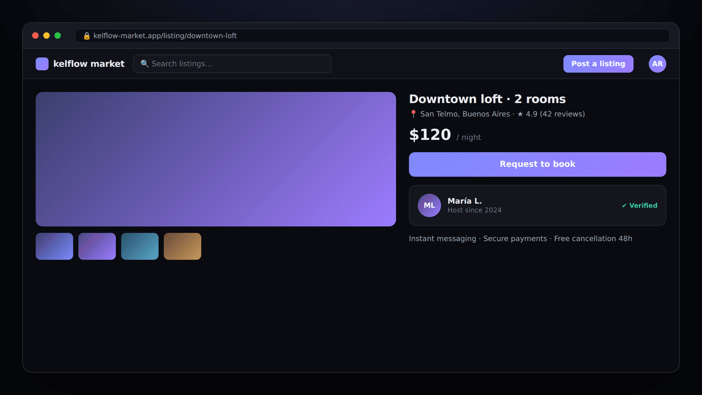 Illustrative preview of the Marketplace Starter: listing detail with gallery, price and verified host